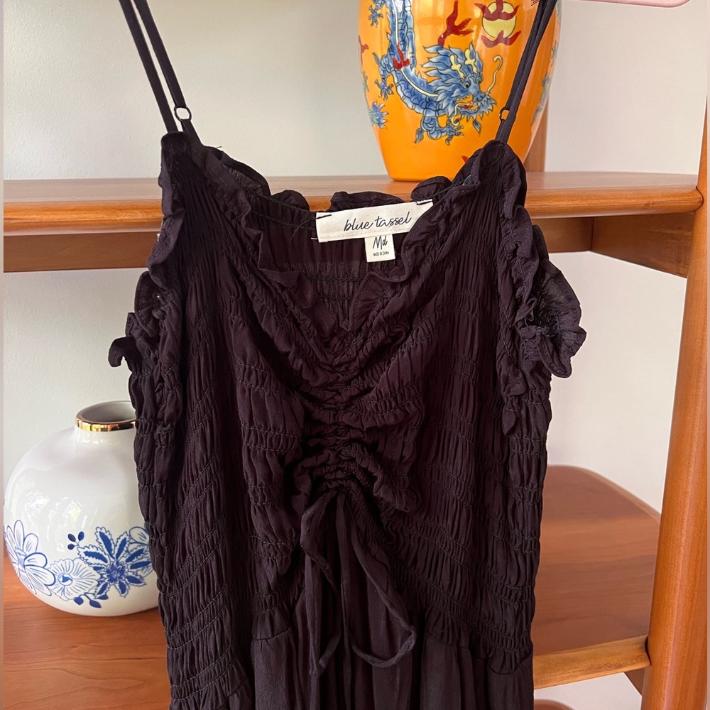 Black smocked silky midi dress by Blue Tassel, size M from Anthropologie